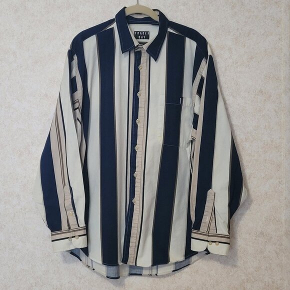Navy Blue Striped Mens Long Sleeve Trader Bay Shirt Size XL - Picture 4 of 14